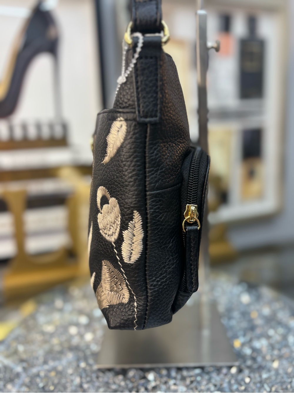 Tignanello Black Floral Embroidered Leather Crossbody Bag NWOT - Picture 7 of 14